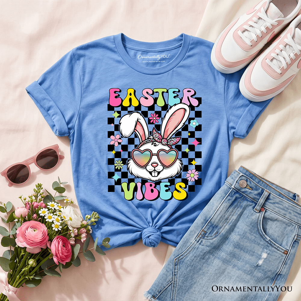 Kids Retro Easter Bunny Sunglasses T-Shirt, Groovy Youth Checkered Tee