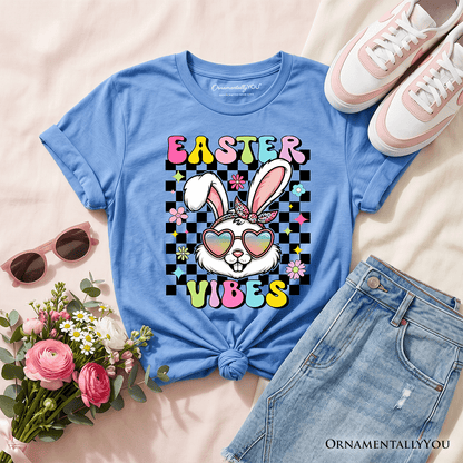Kids Retro Easter Bunny Sunglasses T-Shirt, Groovy Youth Checkered Tee