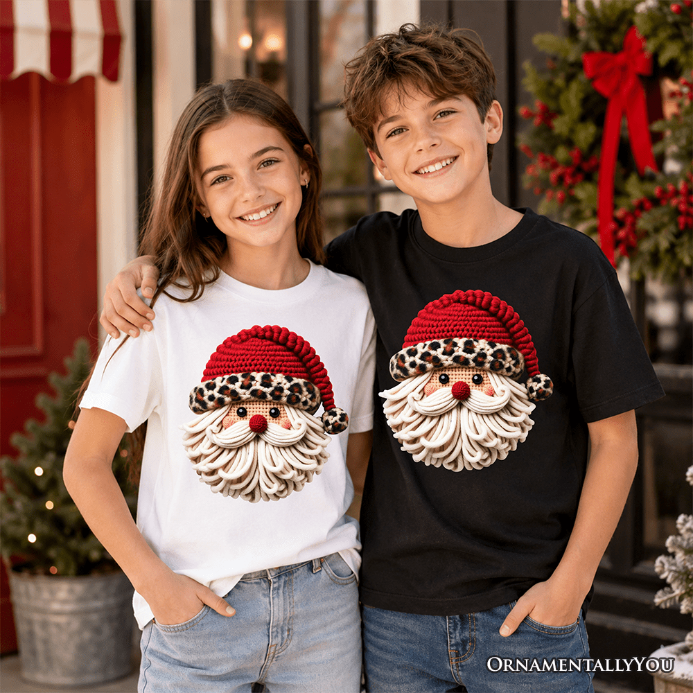 Kids Santa Leopard Hat Christmas T-Shirt, Imitation Latch Hook Yarn Cozy Youth Tee