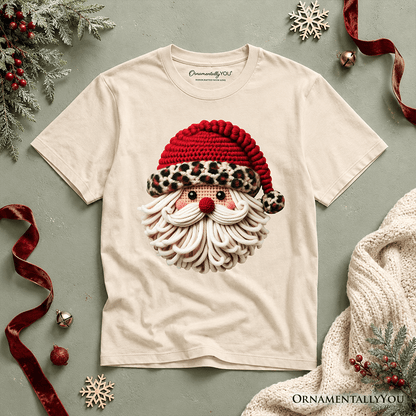 Kids Santa Leopard Hat Christmas T-Shirt, Imitation Latch Hook Yarn Cozy Youth Tee