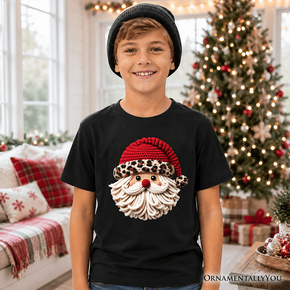 Kids Santa Leopard Hat Christmas T-Shirt, Imitation Latch Hook Yarn Cozy Youth Tee