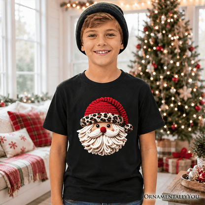 Kids Santa Leopard Hat Christmas T-Shirt, Imitation Latch Hook Yarn Cozy Youth Tee
