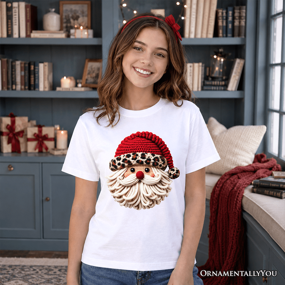 Kids Santa Leopard Hat Christmas T-Shirt, Imitation Latch Hook Yarn Cozy Youth Tee