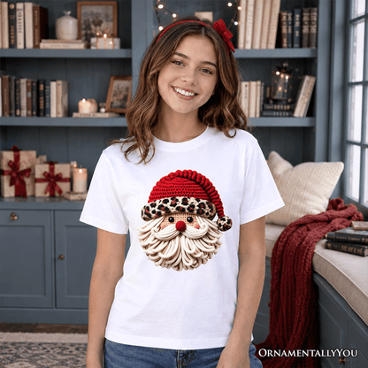 Kids Santa Leopard Hat Christmas T-Shirt, Imitation Latch Hook Yarn Cozy Youth Tee