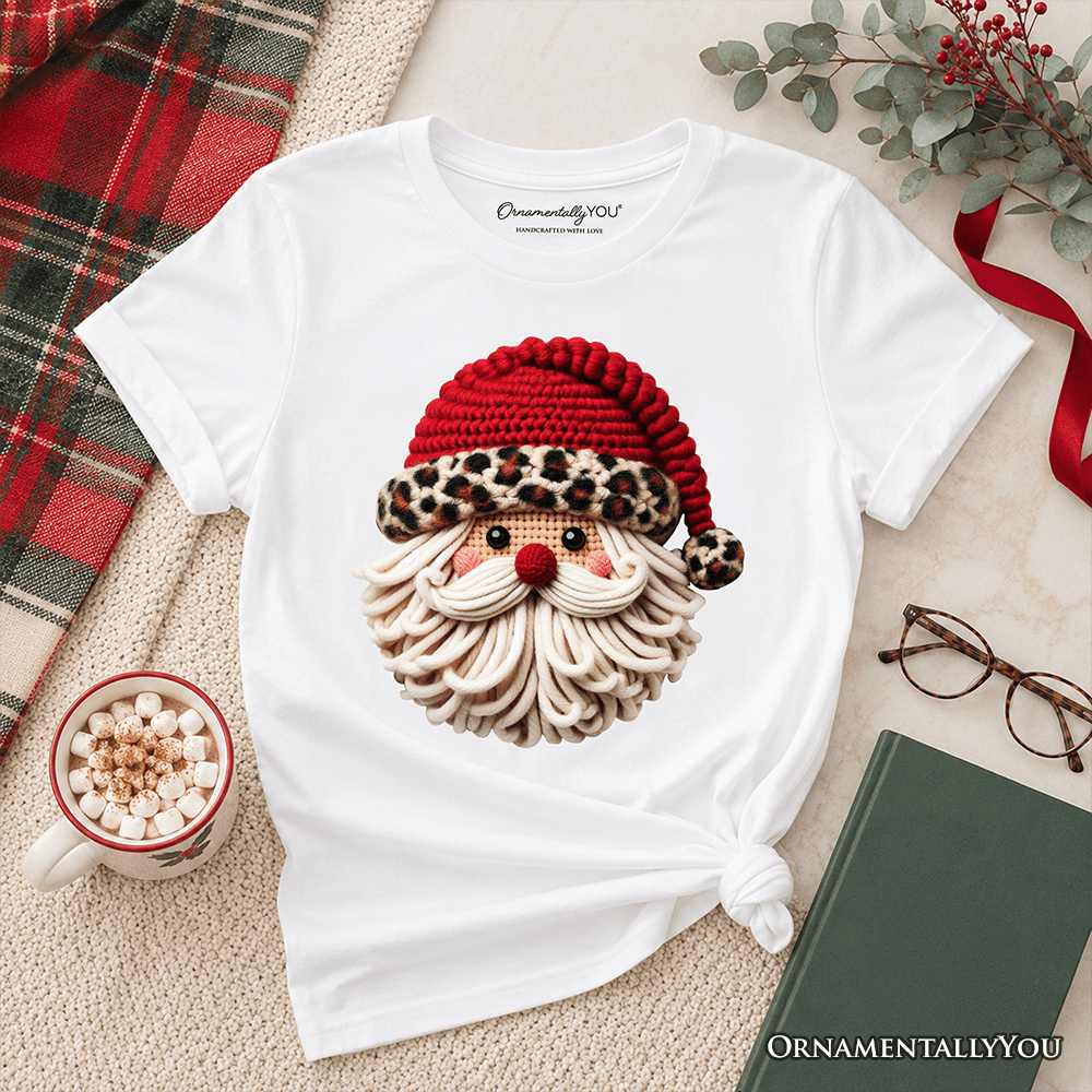 Kids Santa Leopard Hat Christmas T-Shirt, Imitation Latch Hook Yarn Cozy Youth Tee
