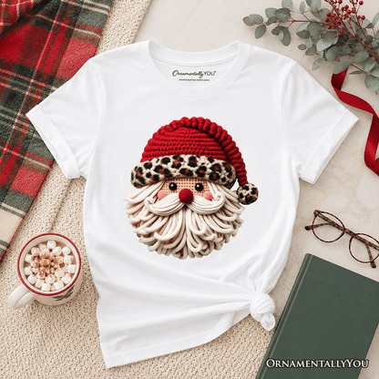 Kids Santa Leopard Hat Christmas T-Shirt, Imitation Latch Hook Yarn Cozy Youth Tee
