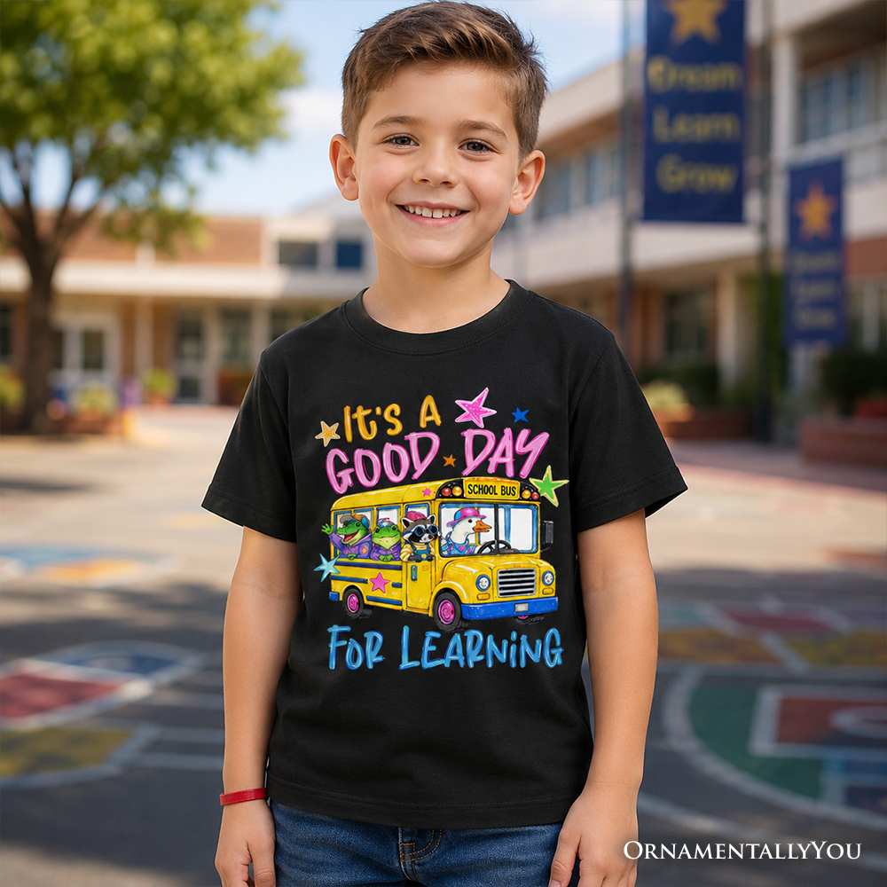 Kids School Bus Good Day for Learning T-Shirt, Funny Back to School Youth Tee
