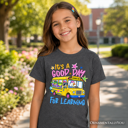 Kids School Bus Good Day for Learning T-Shirt, Funny Back to School Youth Tee