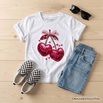 Kids Sequin Pink Cherry Heart Valentine T-Shirt, Mood for Love Coquette Tee for Youth Girls