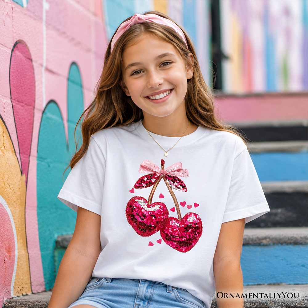 Kids Sequin Pink Cherry Heart Valentine T-Shirt, Mood for Love Coquette Tee for Youth Girls