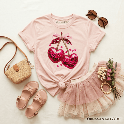 Kids Sequin Pink Cherry Heart Valentine T-Shirt, Mood for Love Coquette Tee for Youth Girls