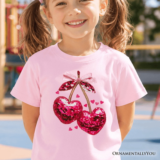 Kids Sequin Pink Cherry Heart Valentine T-Shirt, Mood for Love Coquette Tee for Youth Girls