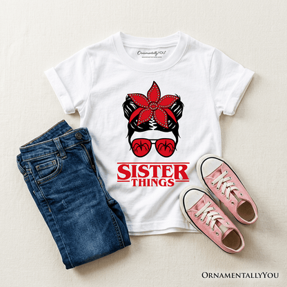 Kids Sister Things Messy Bun Retro T-Shirt, Red Bandana Glasses Family Matching Youth Tee