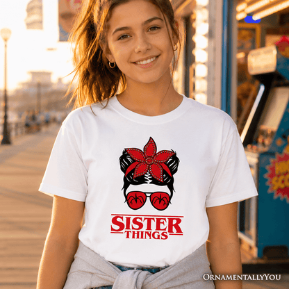 Kids Sister Things Messy Bun Retro T-Shirt, Red Bandana Glasses Family Matching Youth Tee