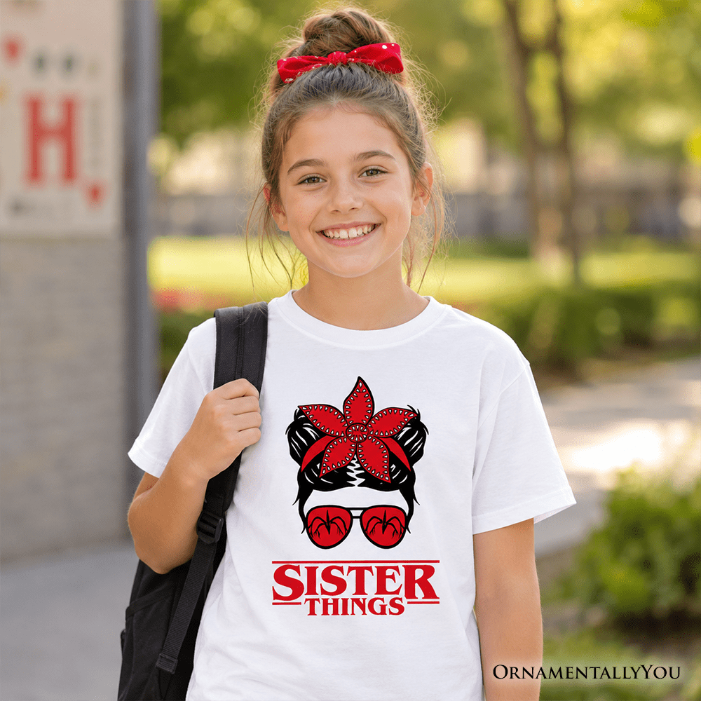Kids Sister Things Messy Bun Retro T-Shirt, Red Bandana Glasses Family Matching Youth Tee