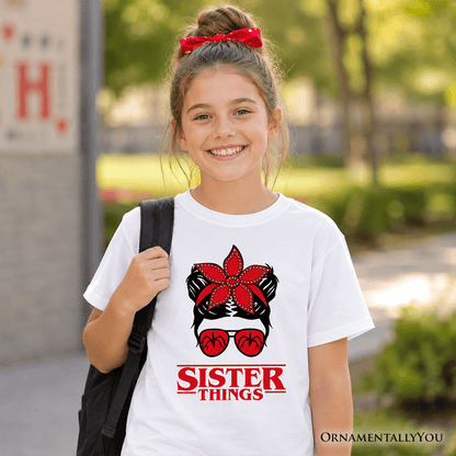 Kids Sister Things Messy Bun Retro T-Shirt, Red Bandana Glasses Family Matching Youth Tee