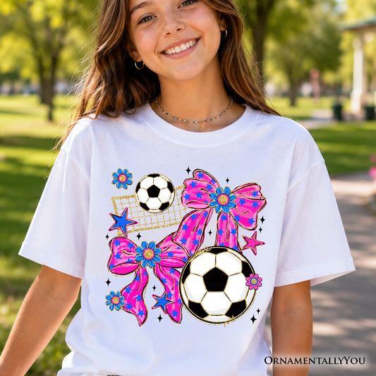 Kids Soccer Coquette Pink Bow T-Shirt, Preppy Game Day Tee for Youth Girls