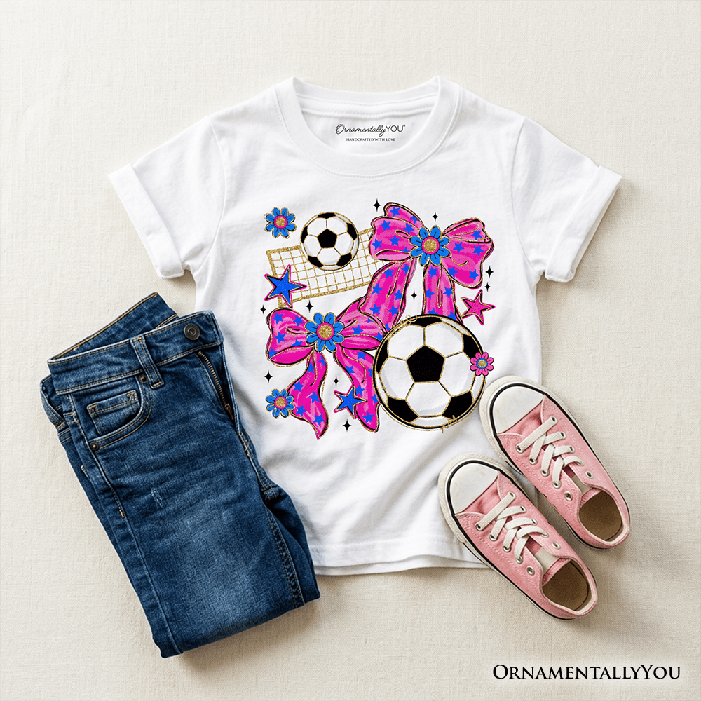 Kids Soccer Coquette Pink Bow T-Shirt, Preppy Game Day Tee for Youth Girls