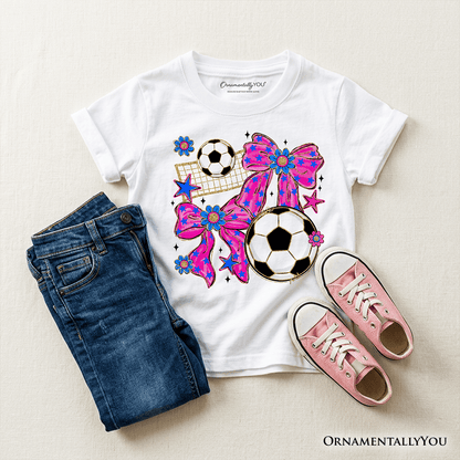 Kids Soccer Coquette Pink Bow T-Shirt, Preppy Game Day Tee for Youth Girls