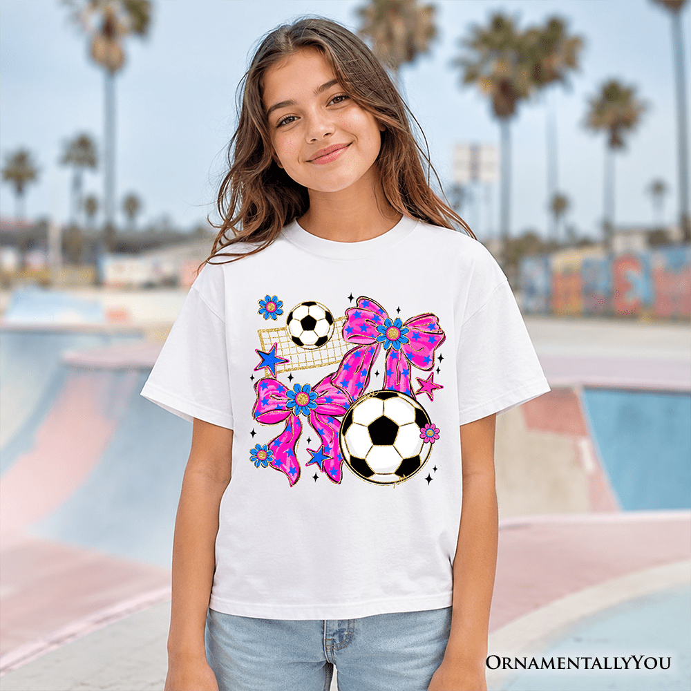 Kids Soccer Coquette Pink Bow T-Shirt, Preppy Game Day Tee for Youth Girls