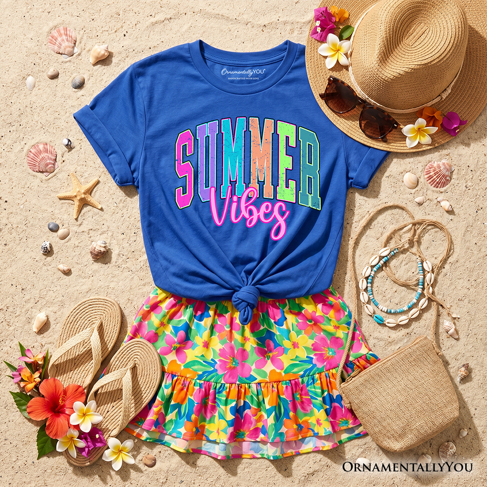 Kids Summer Vibes Neon Varsity T-Shirt, Retro Beach Tee for Youth