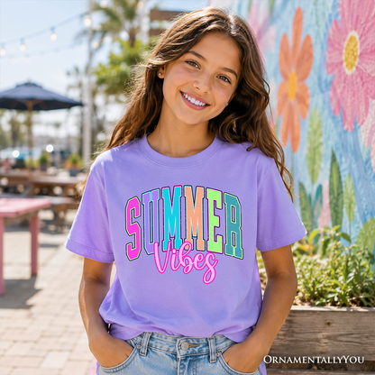 Kids Summer Vibes Neon Varsity T-Shirt, Retro Beach Tee for Youth
