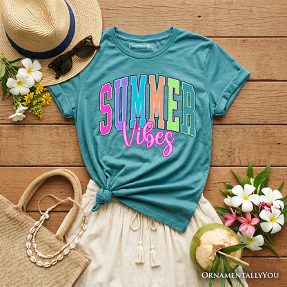 Kids Summer Vibes Neon Varsity T-Shirt, Retro Beach Tee for Youth