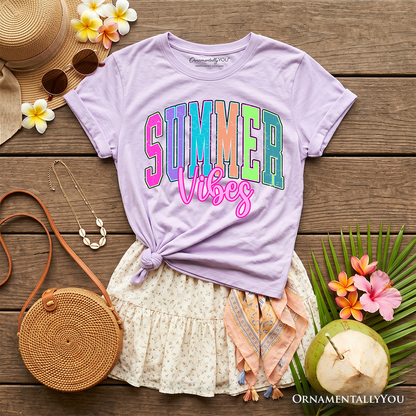 Kids Summer Vibes Neon Varsity T-Shirt, Retro Beach Tee for Youth