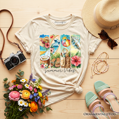 Kids Summer Vibes T-Shirt, Beach Tee with Coconut and Flowers for Youth