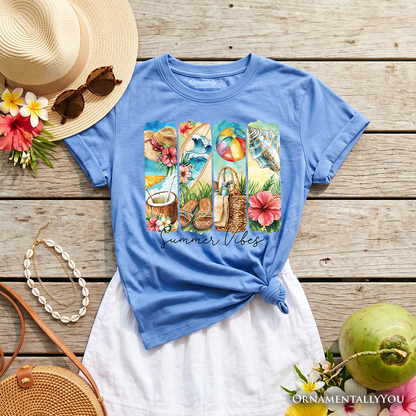 Kids Summer Vibes T-Shirt, Beach Tee with Coconut and Flowers for Youth