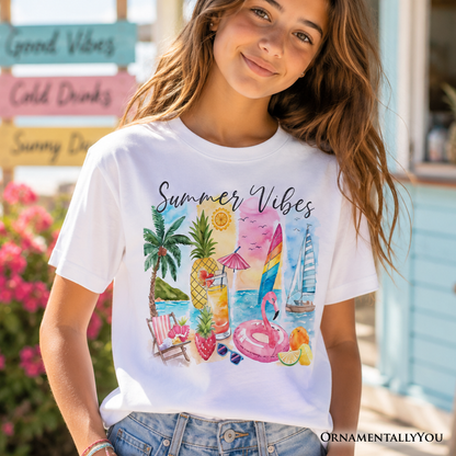 Kids Summer Vibes T-Shirt, Colorful Vacation Beach Tee for Youth
