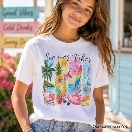 Kids Summer Vibes T-Shirt, Colorful Vacation Beach Tee for Youth