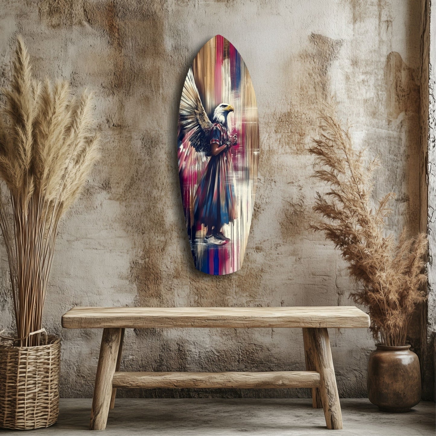 Surfboard Magenta Drip Paint American Eagle Glass Wall Art