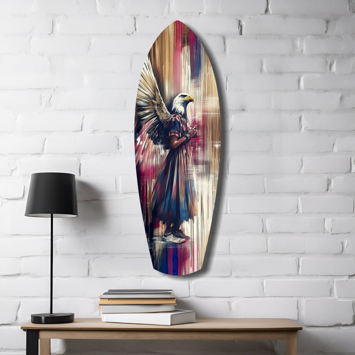 Surfboard Magenta Drip Paint American Eagle Glass Wall Art