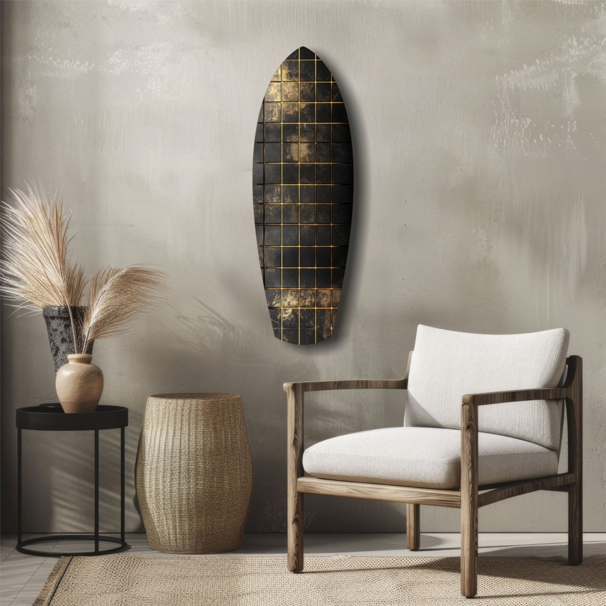 Gold Grid Tiles Black Surfboard Glass Wall Art