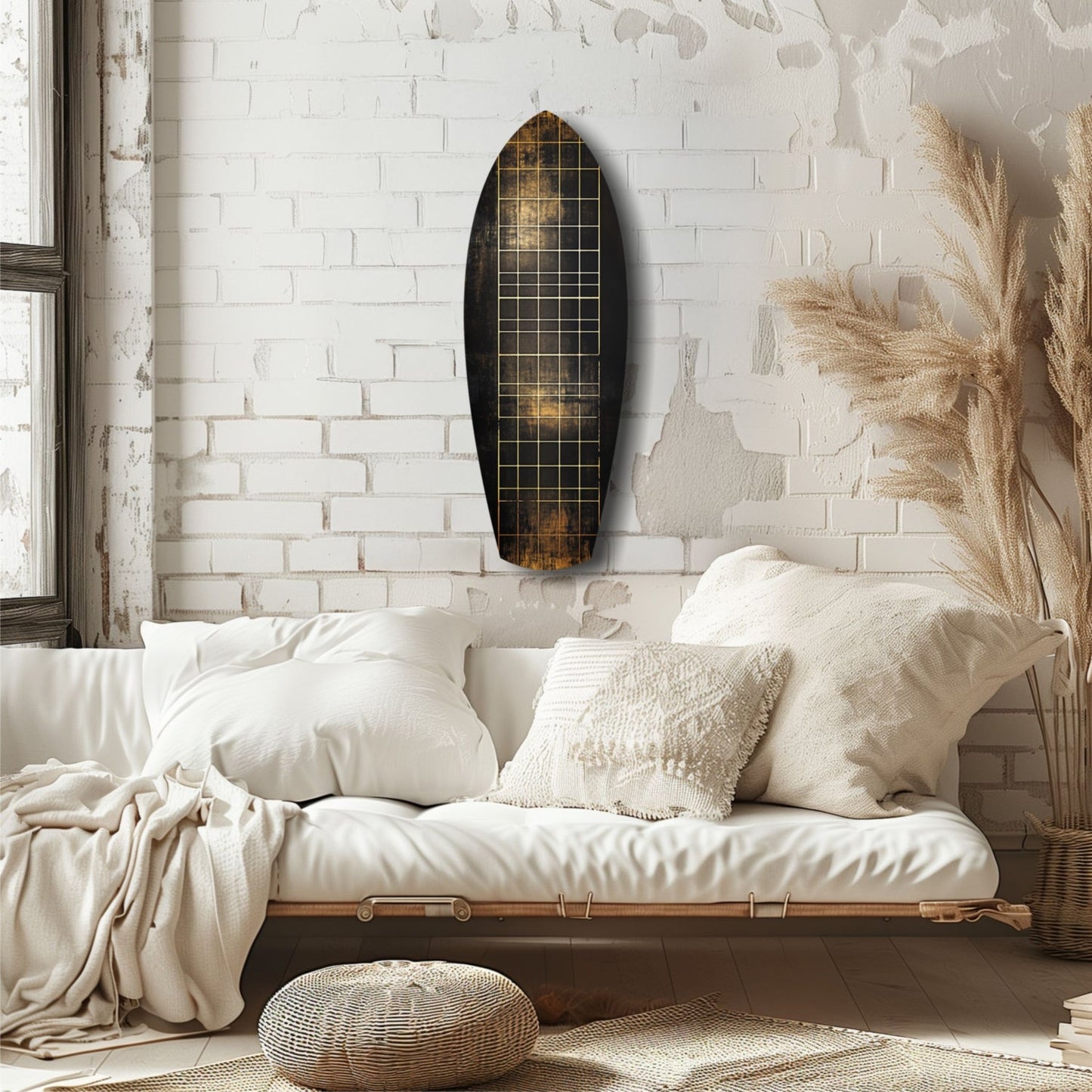 Yellow Line Grid Weathered Surfboard Glass Wall Art