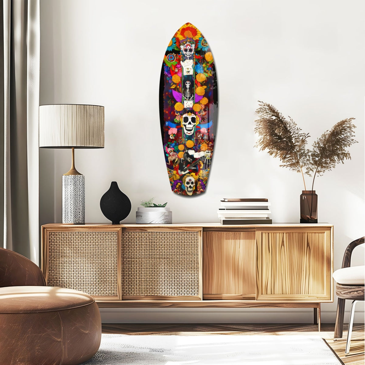 Floral Skull Totem With Guitar Glass Wall Art