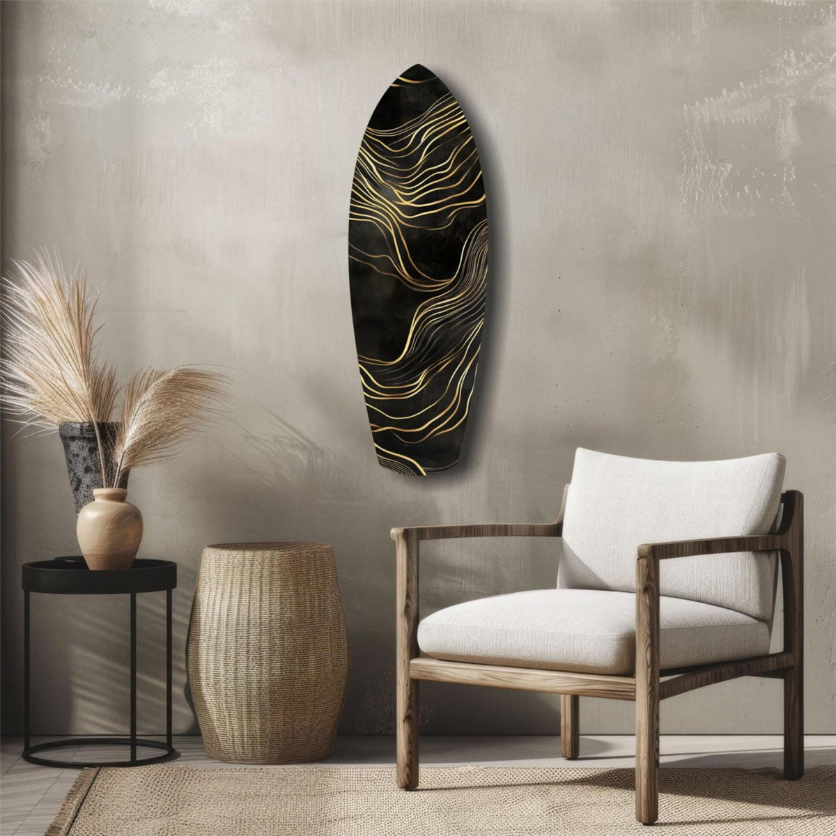 Surfboard Shaped Flowing Line Golden Waves Glass Wall Art