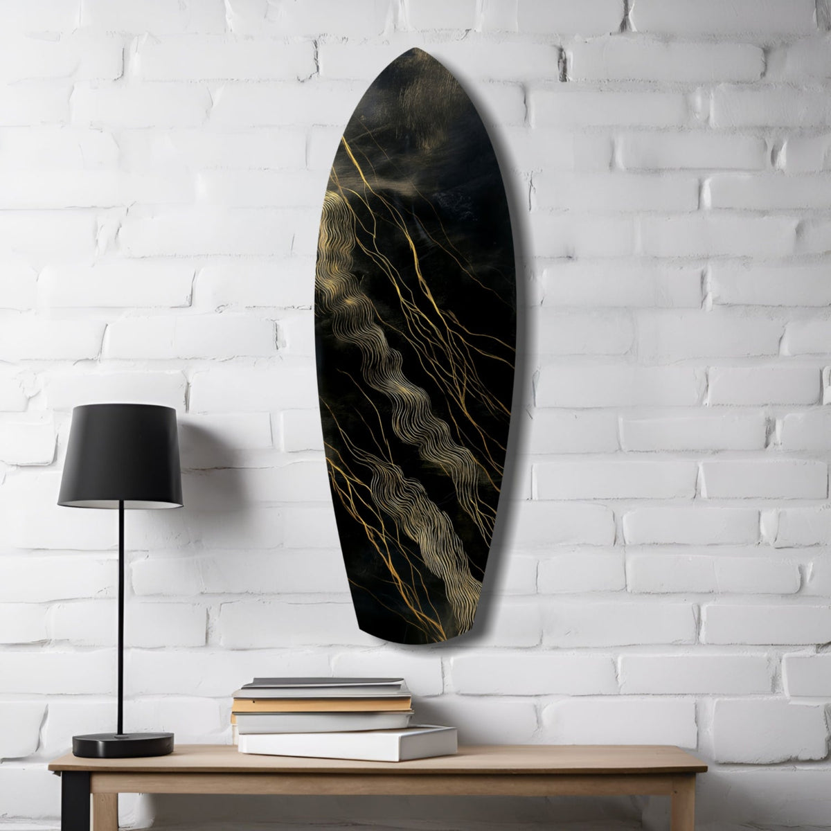 Surfboard Shaped Diagonal Streak Golden Waves Glass Wall Art