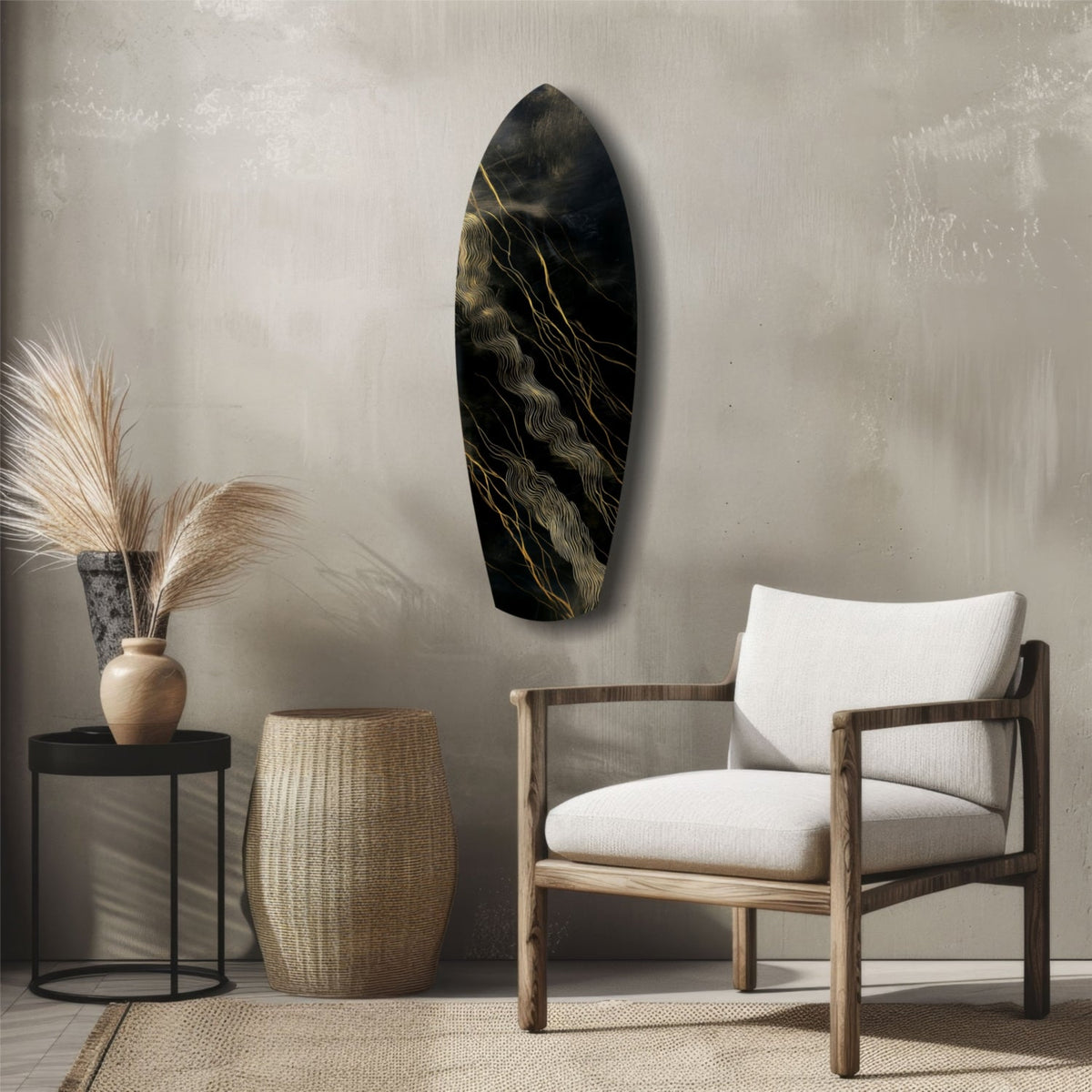 Surfboard Shaped Diagonal Streak Golden Waves Glass Wall Art