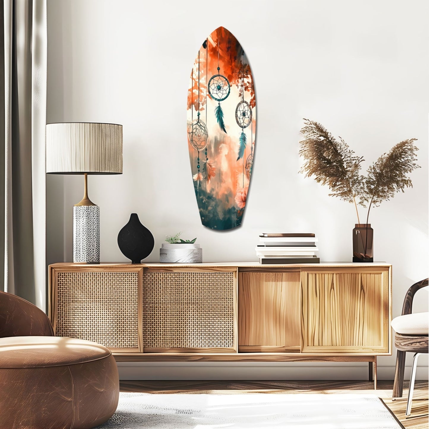 Orange Teal Dreamcatcher Surfboard Glass Wall Art