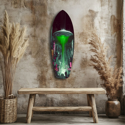 Green Beam UFO Over Neon City Glass Wall Art
