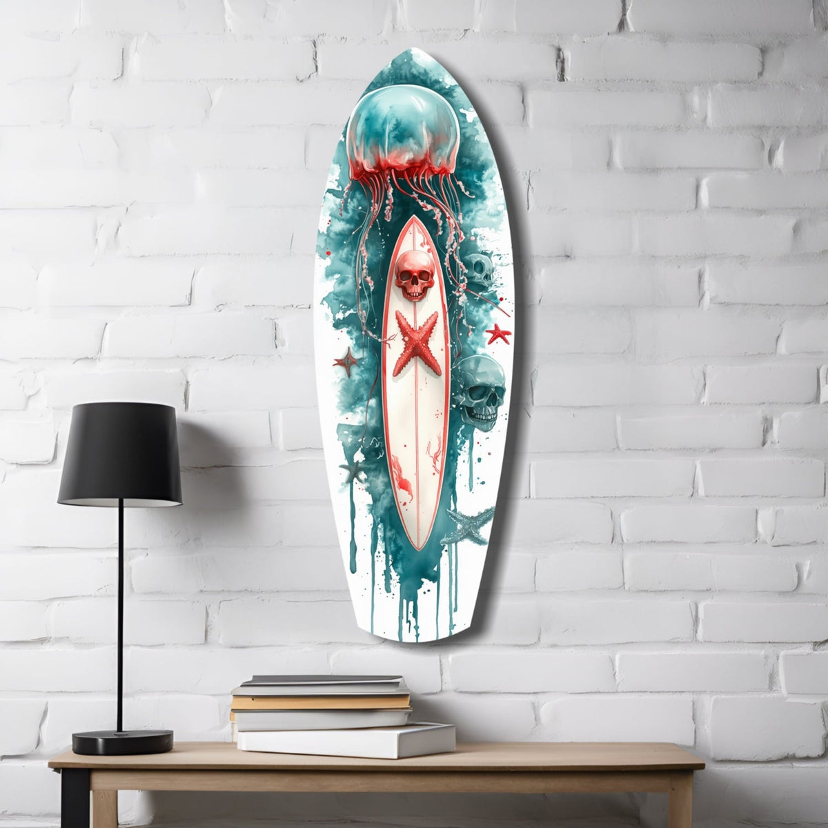Teal Jellyfish Skull Surfboard Glass Wall Art