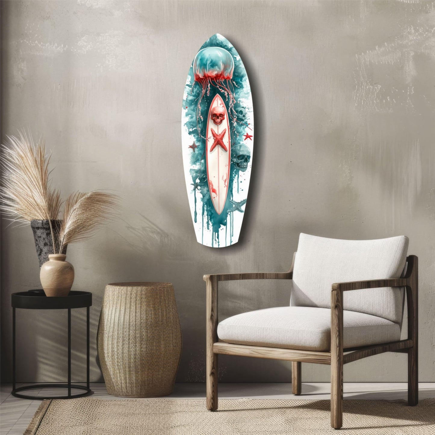 Teal Jellyfish Skull Surfboard Glass Wall Art