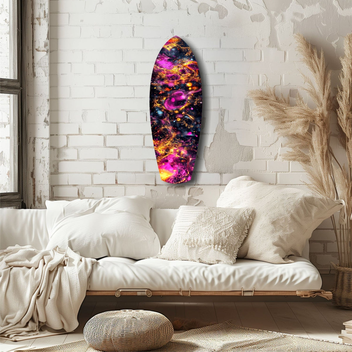 Magenta Gold Cosmic Bubbles Surfboard Glass Wall Art