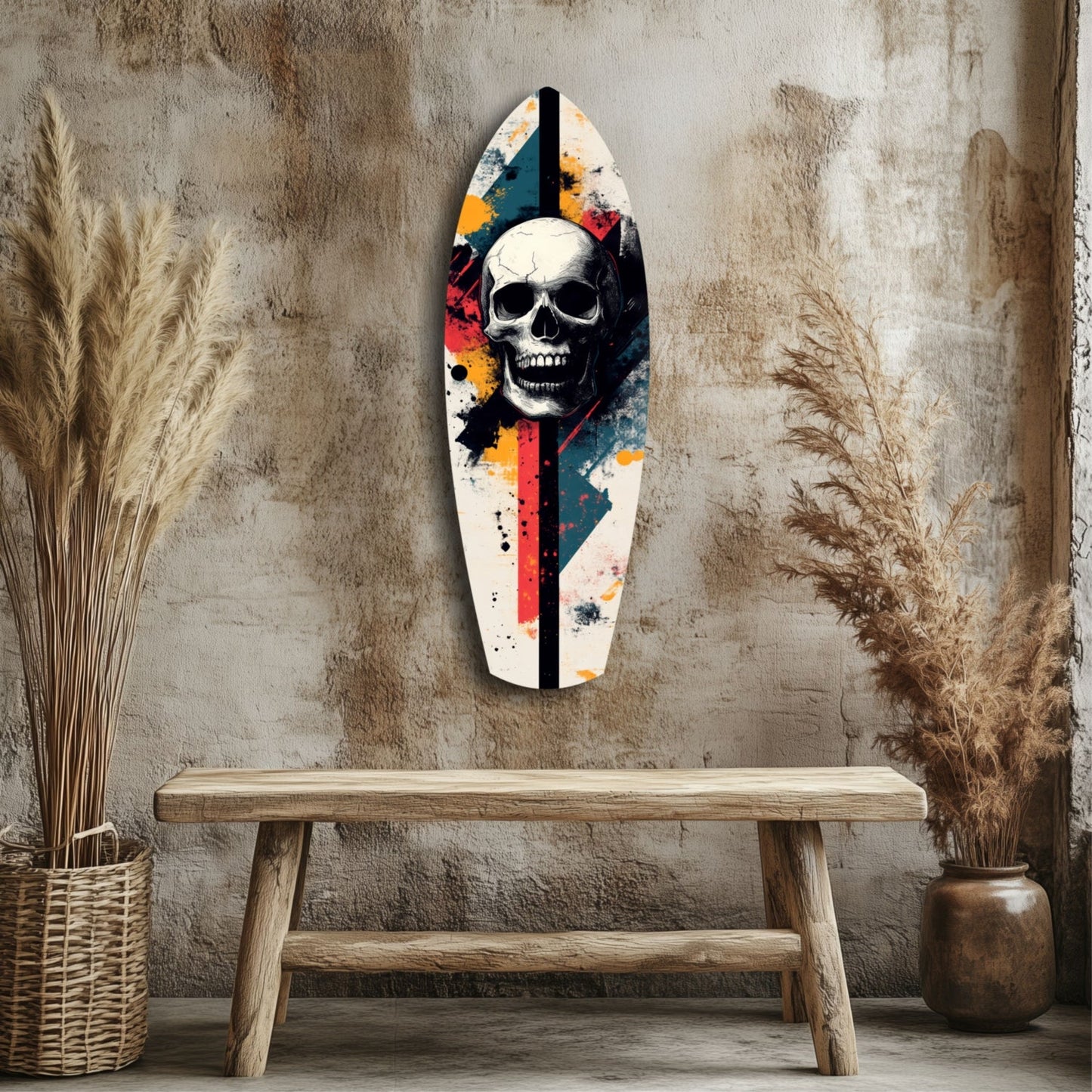 Grunge Surfboard Skull Glass Wall Art
