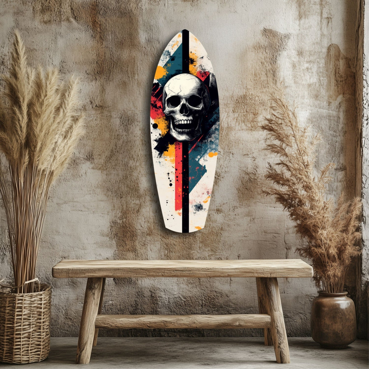 Grunge Surfboard Skull Glass Wall Art