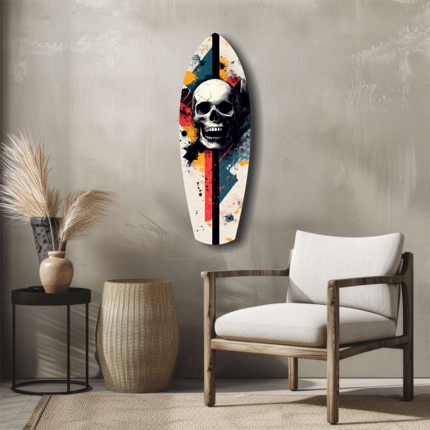 Grunge Surfboard Skull Glass Wall Art