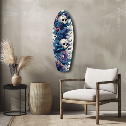 Blue Wave Swirl Skulls Surfboard Glass Wall Art