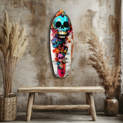 Turquoise Grin Skull Graffiti Surfboard Glass Wall Art
